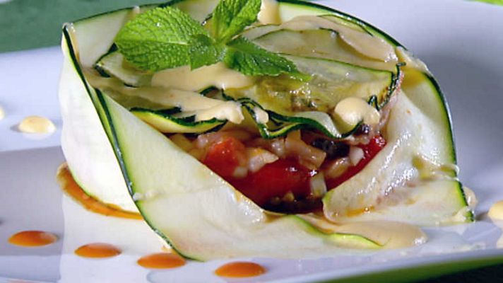 Cocina con Sergio - Timbal de calabacín con pulpo al pimentón