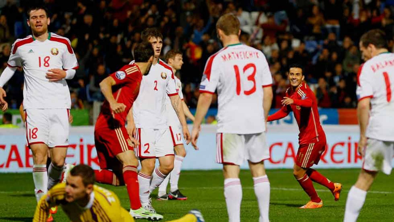 El delantero canario Pedro Rodríguez ha marcado el 3-0 ante Bielorrusia en el minuto 55 de juego, tras una jugada combinativa con Juanfran y Cazorla. 