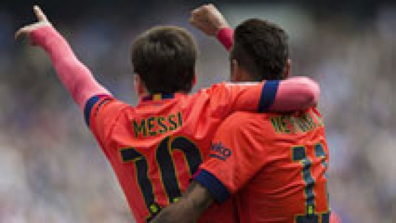 El Barcelona se ha llevado el derbi de la Ciudad Condal gracias a los goles de Neymar y Messi, que acercan a los azulgranas al título de Liga.