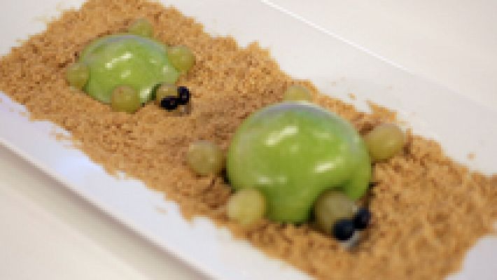  - Tortuga de manzana y uva en isla de galleta