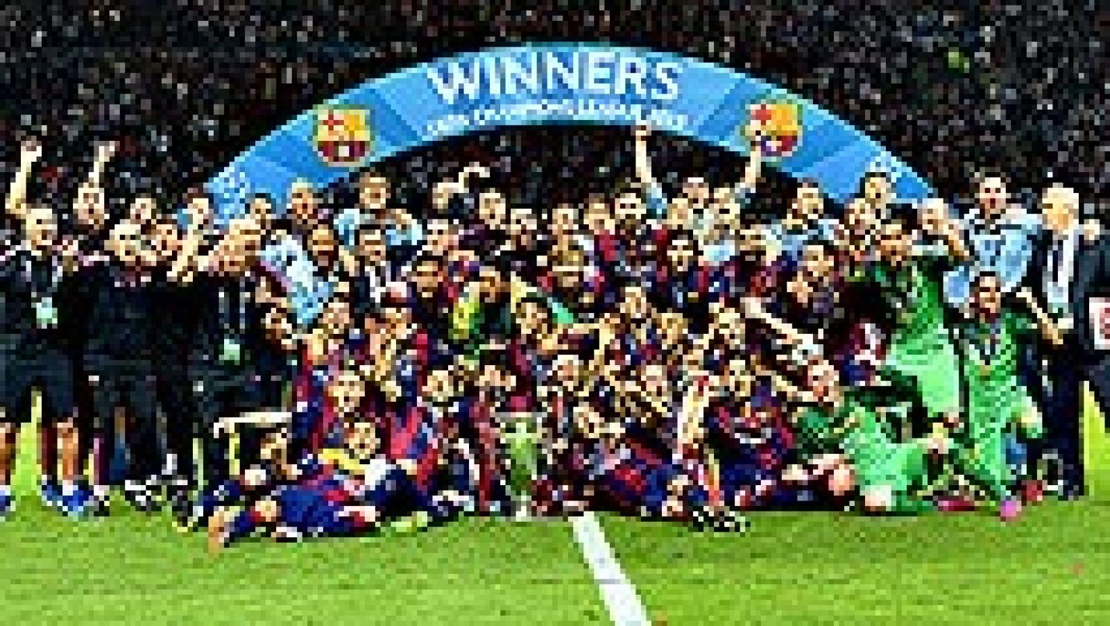 El Barcelona entró esta noche en la historia al levantar, en el Estadio Olímpico de Berlín, su quinta Copa de Europa, tras derrotar al Juventus italiano (1-3) y convertirse en el primer club que conquista, por segunda vez, el trébol de grandes título