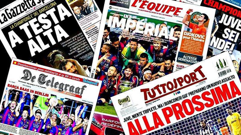 El triunfo, por 1-3, sobre el Juventus italiano que entregó al FC Barcelona la quinta Liga de Campeones de su historia y el tercer título de la temporada, tras las conquistas de la Liga y la Copa del Rey, protagoniza este domingo las portadas de los 