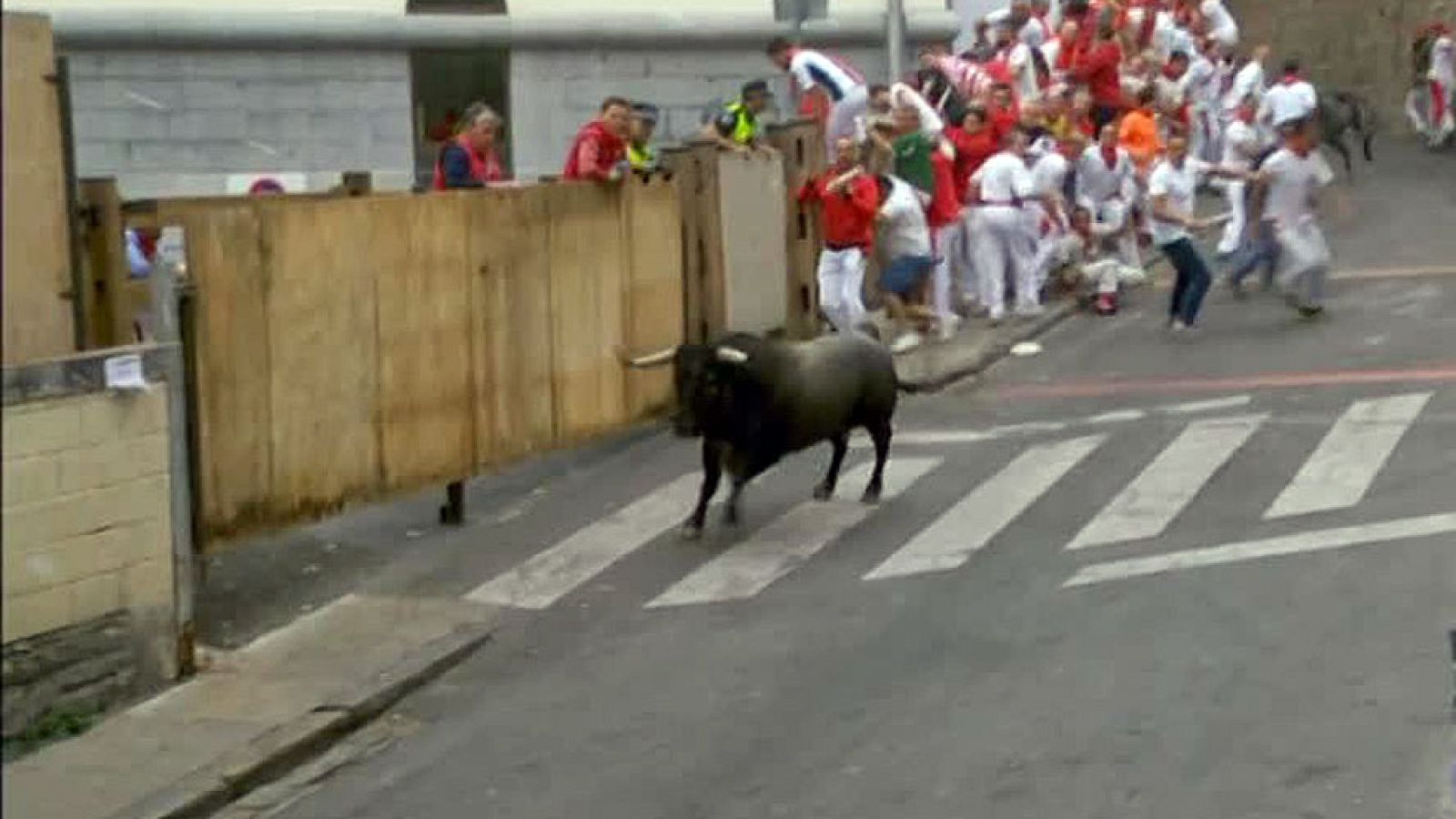 Un toro vuelve solo a los corrales de Santo Domingo en el quinto encierro de San Fermín de 2015