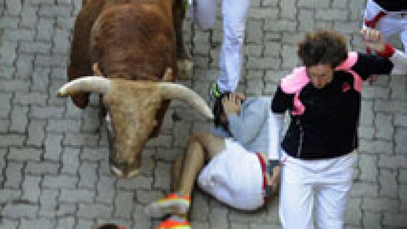 Un toro se separa de la manada al final del séptimo encierro de San Fermín 2015