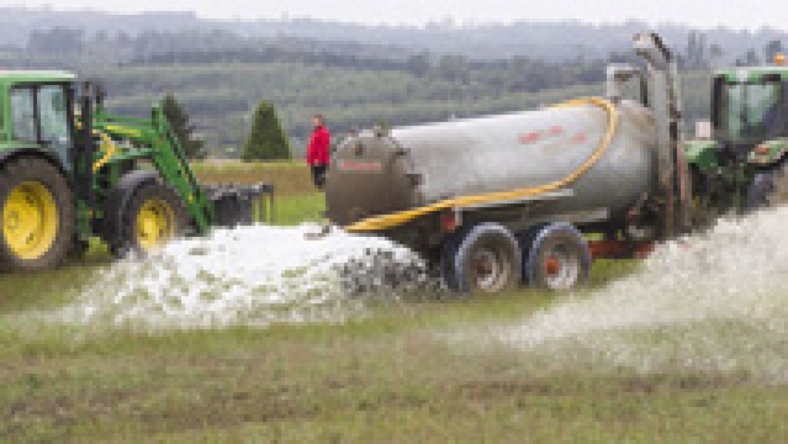 Telediario 1: Ganaderos gallegos derraman 130.000 litros de leche en protesta por los bajos precios del sector | RTVE Play