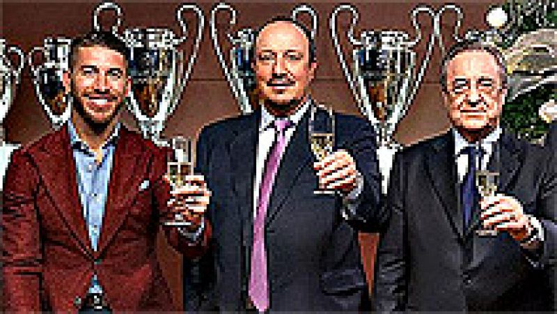 Se acaba 2015 y el presidente del Real Madrid, los entrenadores y los capitanes de los equipos de fútbol y baloncesto se han reunido para desear un feliz año nuevo a todos los madridistas. Florentino Pérez, Rafa Benítez, Pablo Laso, Sergio Ramos, Mar