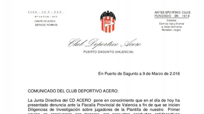 El Club Acero de Sagunto denuncia a parte de su plantilla