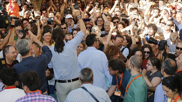 Telediario 1 - Iglesias critica a los "patriotas" que tienen "cuentas en Suiza" en un mitin con el exJEMAD