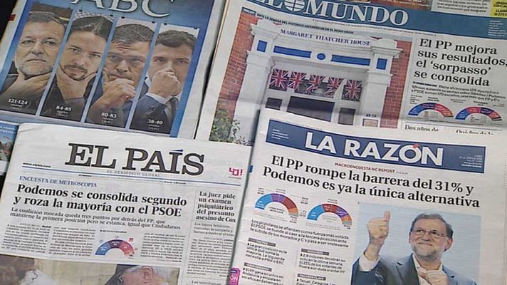 Telediario 1 - Las encuestas coinciden en que el PP ganará las elecciones y Unidos Podemos se afianza como segunda fuerza