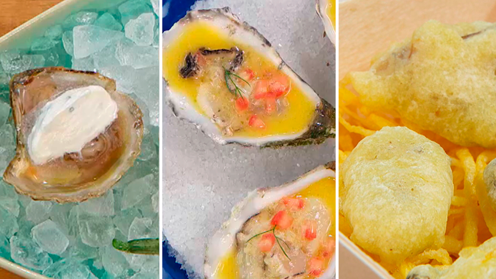 Ostras con crema de raifort y lima, ostrones en tempura y ostras al cava