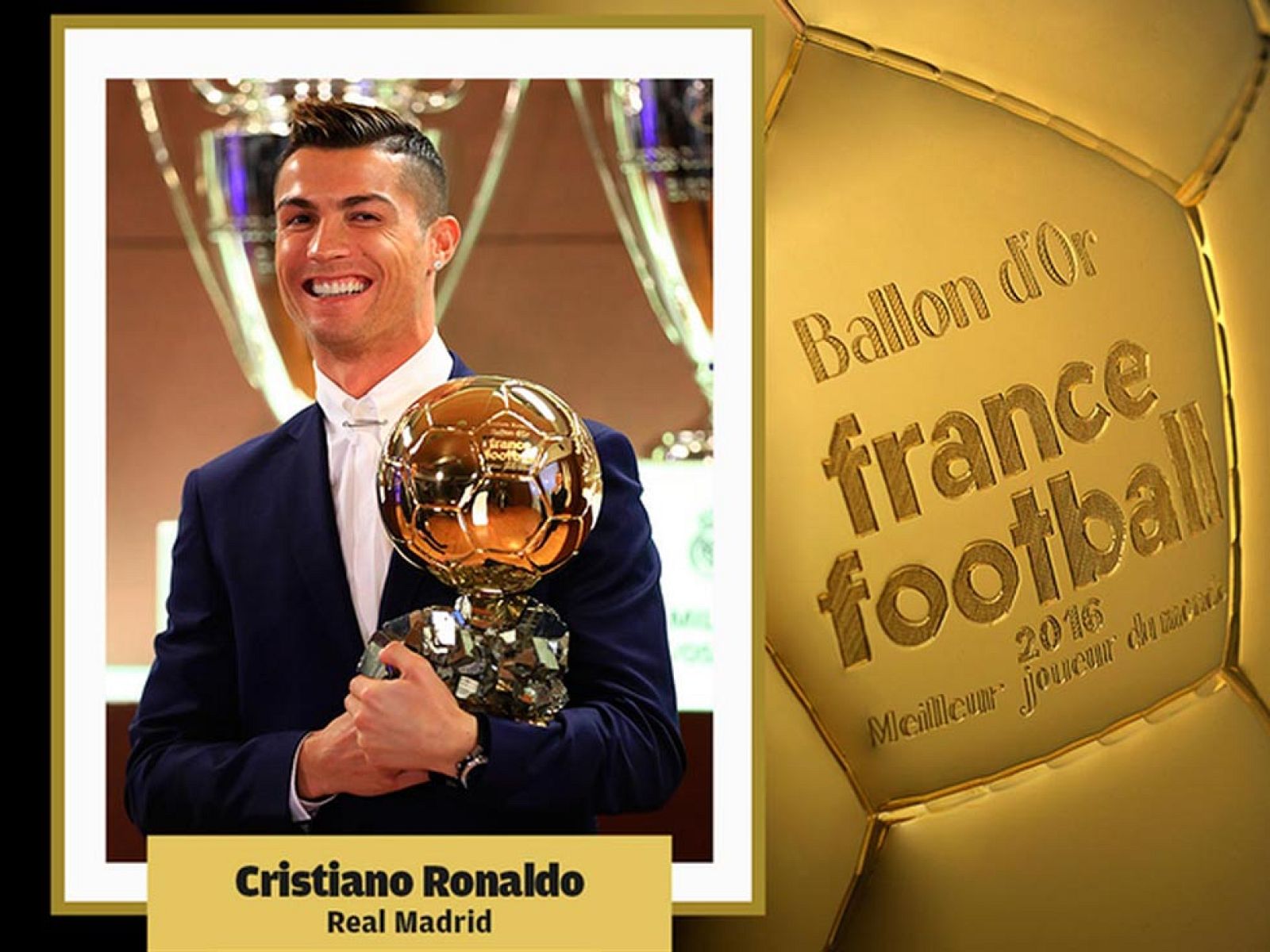 Cristiano Ronaldo se convierte en el nuevo ganador del 'Balón de Oro' y cosecha el cuarto de su carrera, tras los logrados en 2008, 2013 y 2014. El luso sucede a Messi en el trono del fútbol mundial. Después de cinco años otorgando el premio junto a la FIFA, 'France Footbal' ha regresado a la entrega en solitario. El podio lo han completado Leo Messi y Antoine Griezmann. La votación se ha realizado entre 173 periodistas especializados.