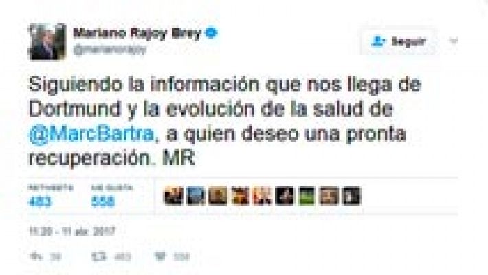 Telediario 1 - Apoyos a Bartra tras las explosiones al paso del bus del Dortmund