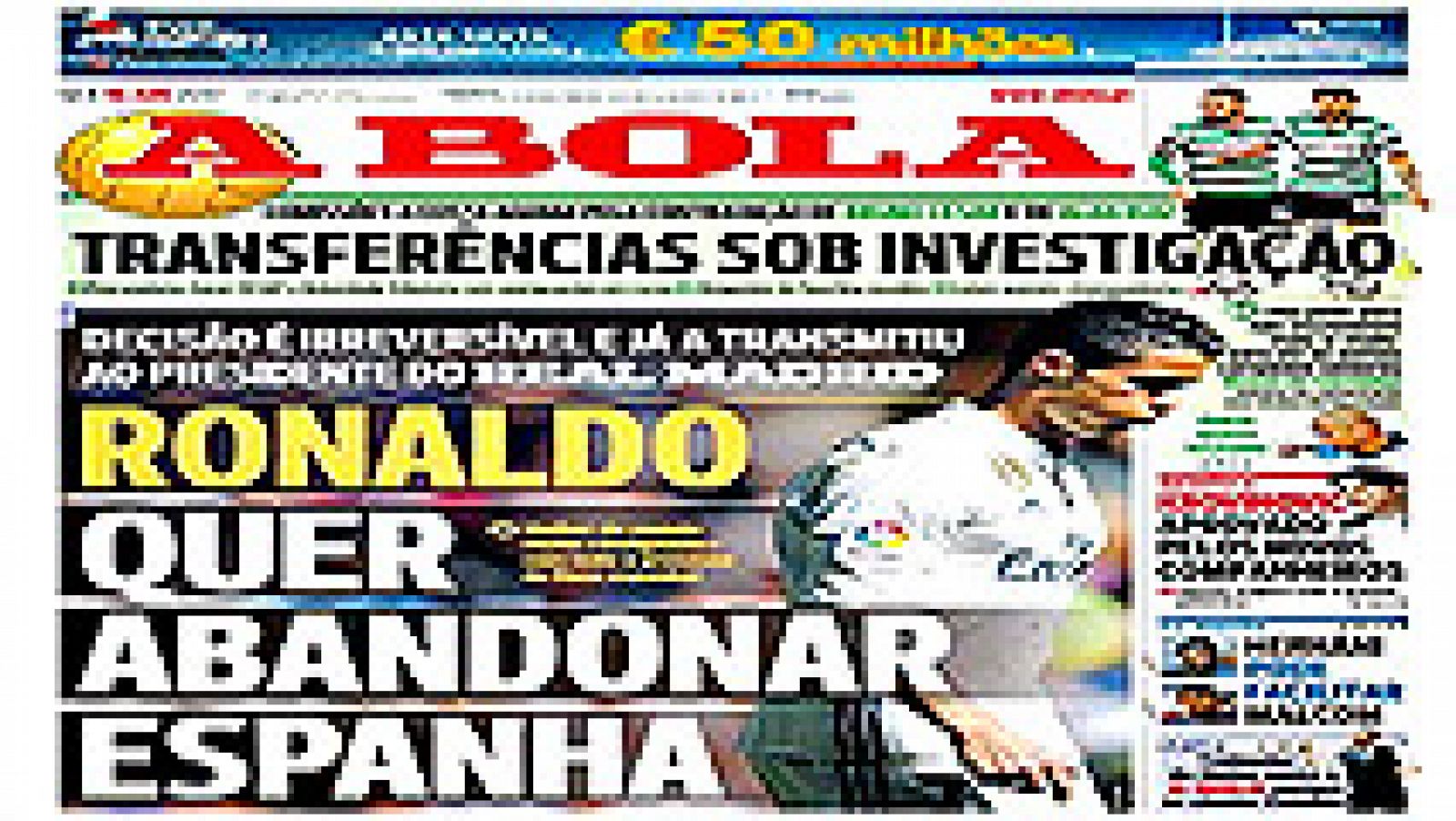 Telediario 1: Cristiano Ronaldo quiere abandonar el Real Madrid, según 'A Bola' | RTVE Play