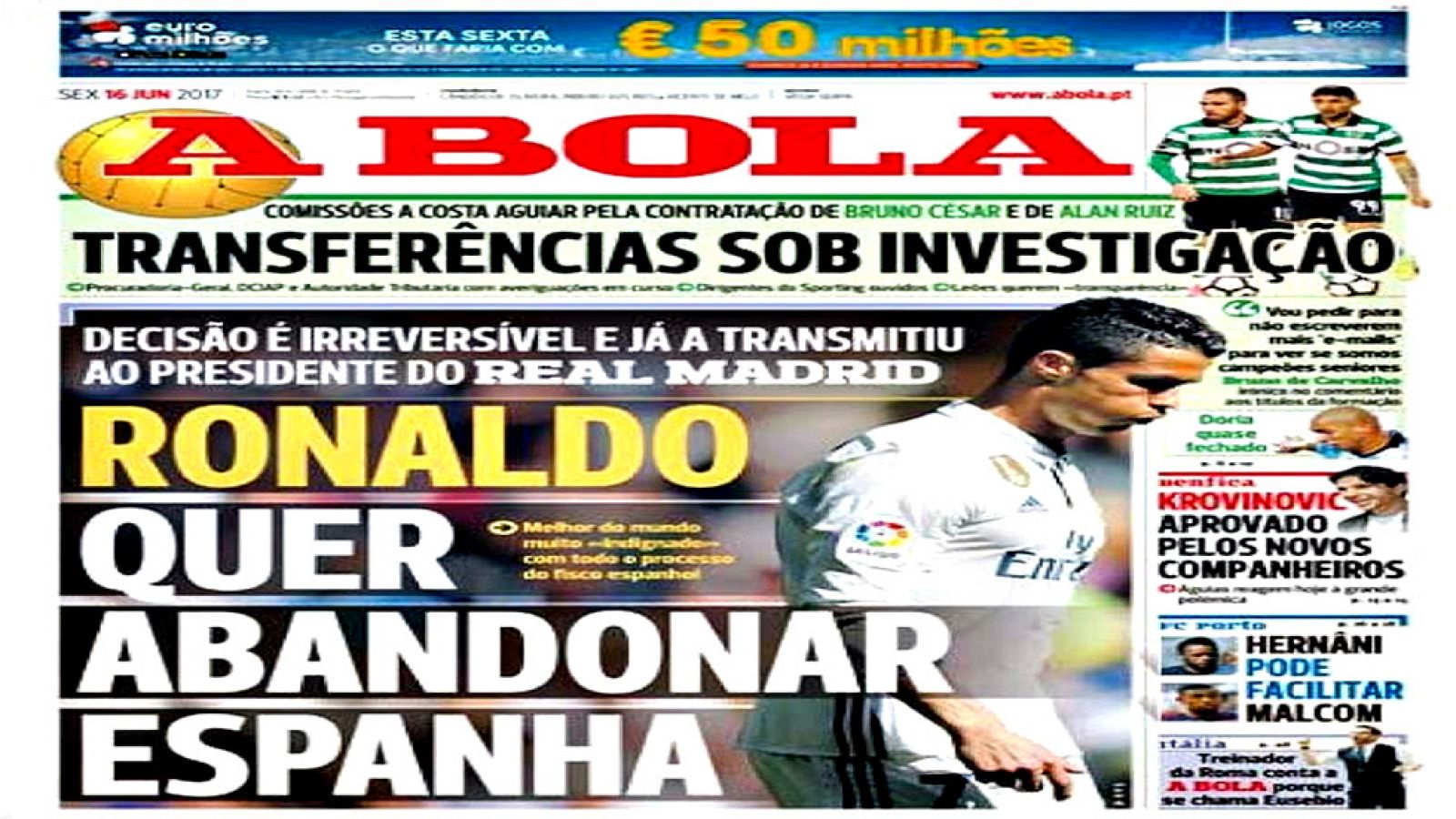 El delantero portugués podría querer abandonar el Real Madrid este verano por los problemas fiscales que le afectan en España, según informa el diario deportivo luso 'A Bola'.