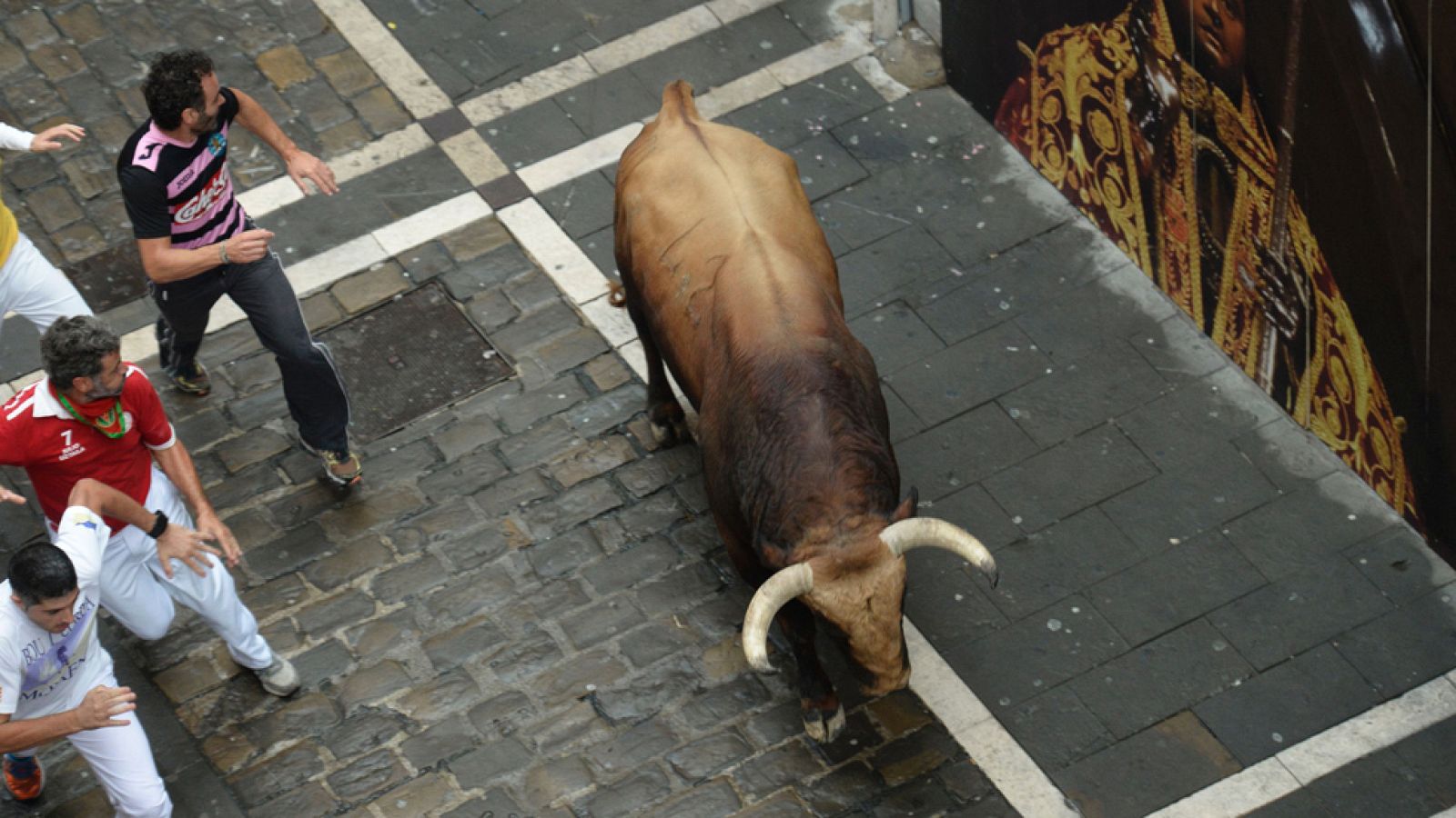 Un toro se adelanta durante los primeros minutos del encierro