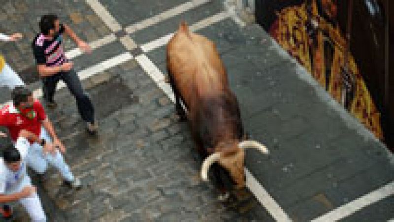 Un toro se adelanta durante los primeros minutos del encierro