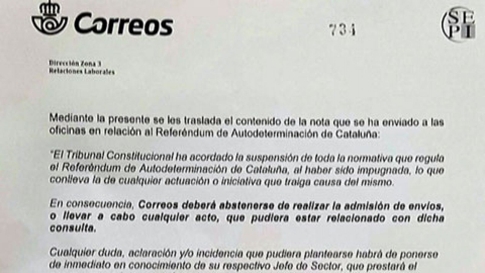 Telediario 1: Correos no repartirá las cartas con las que el Govern convocará a los miembros de las mesas electorales para el referéndum | RTVE Play