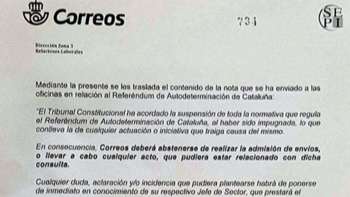 Correos no repartirá las cartas con las que el Govern convocará a los miembros de las mesas electorales para el referéndum