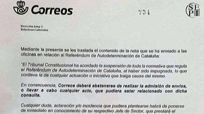 Telediario 1 - Correos no repartirá las cartas con las que el Govern convocará a los miembros de las mesas electorales para el referéndum