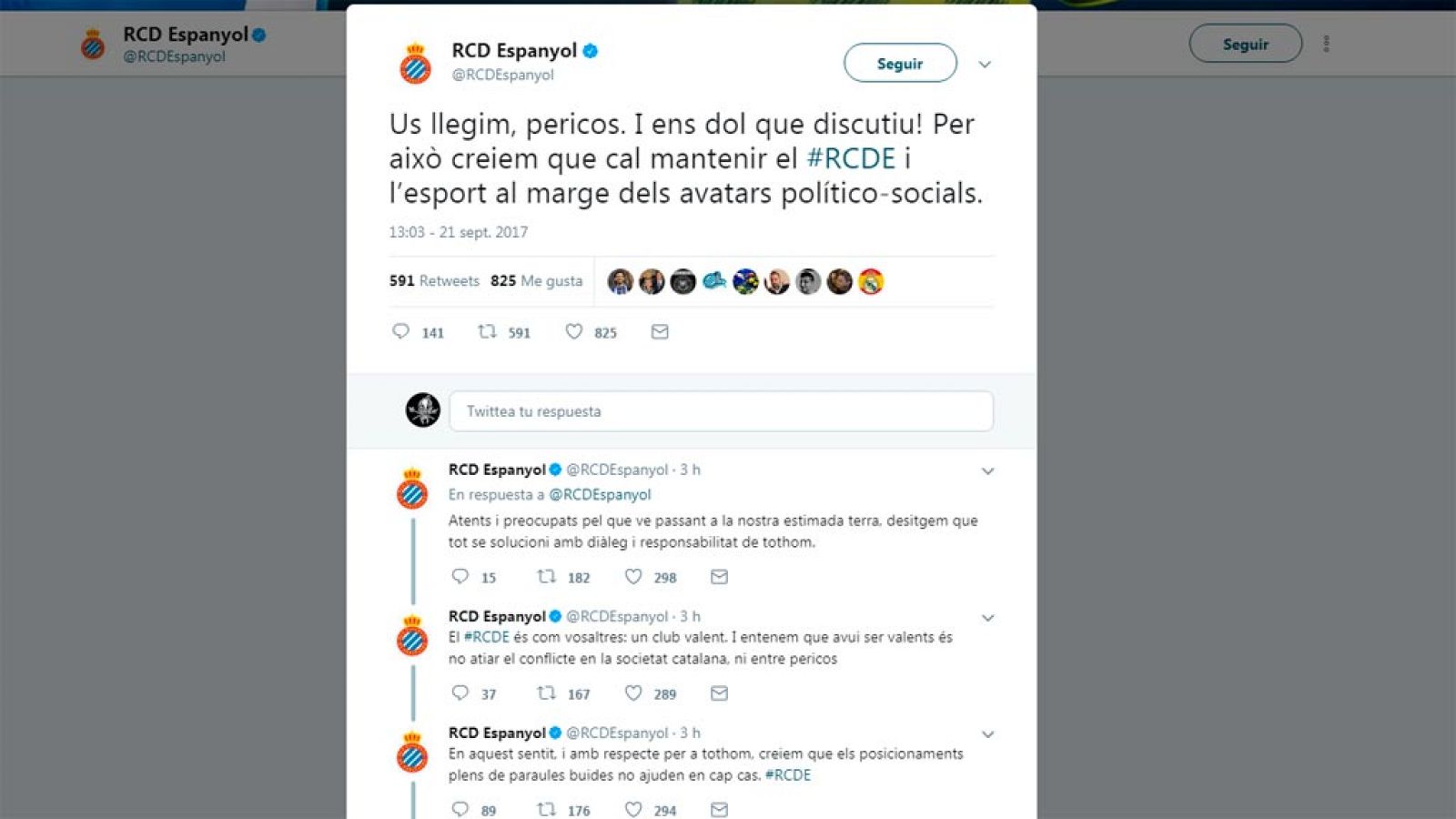 El Espanyol pide diálogo y no se posiciona respecto al 1-O