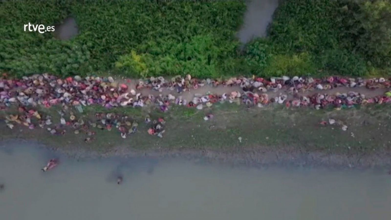 Entre 10.000 y 15.000 refugiados rohinyás han huido a Bangladesh en las últimas 48 horas. Estas imágenes aéreas captadas por el Alto Comisionado de Naciones Unidas para los Refugiados muestra la columna humana que cruza los arrozales para llegar a la