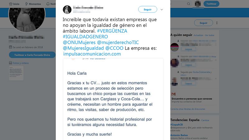 Una agencia de comunicación rechazó el CV de una mujer porque necesitaban "un hombre para aguantar el ritmo" 