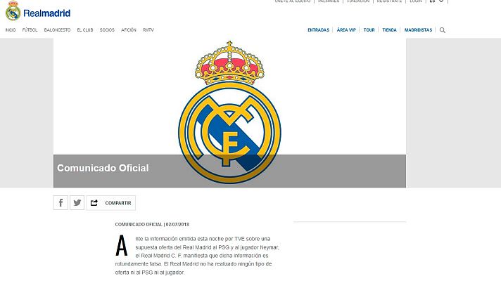 Telediario 1 - El Madrid niega haber ofrecido 310 millones por Neymar