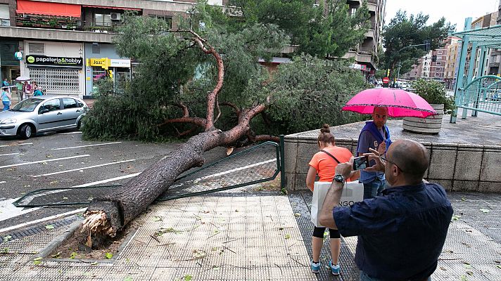 Telediario 1 - Una fuerte tormenta de unos minutos provoca el caos en Zaragoza: calles inundadas, caída de árboles y carreteras cortadas