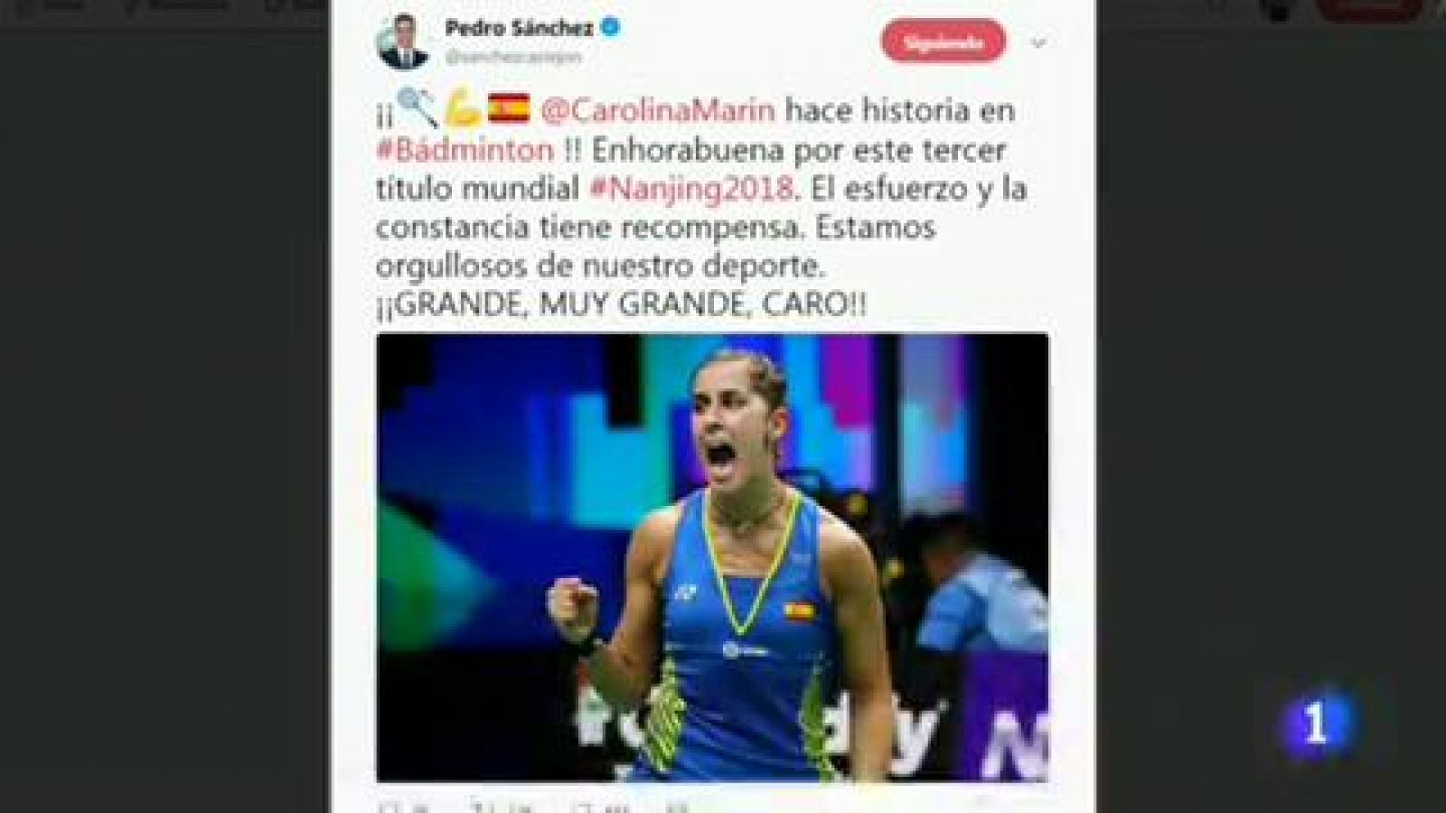 Telediario 1: El mundo de la política y el deporte felicita a Carolina Marín tras conquistar su tercer mundial | RTVE Play