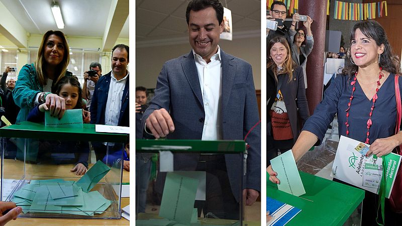 Juanma Moreno (PP), Susana Díaz (PSOE) y Teresa Rodríguez (AA) votan en las elecciones andaluzas