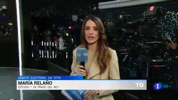 Telediario 1 - TVE ultima los preparativos para el "histórico" debate a cuatro entre los principales candidatos a la presidencia del Gobierno