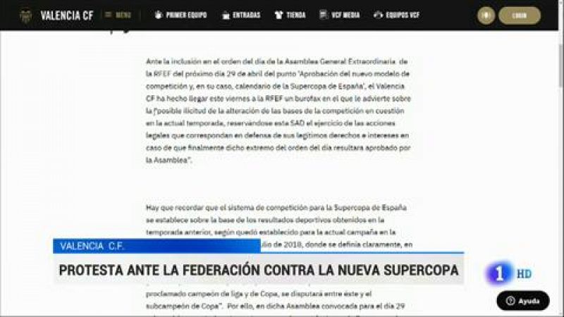El Valencia ha mandado un burofax a la Federación Española de Fútbol alertando de la posible "ilicitud" que se podría llevar a cabo si la RFEF cambia el sistema de la Supercopa de España, a debate el próximo lunes.