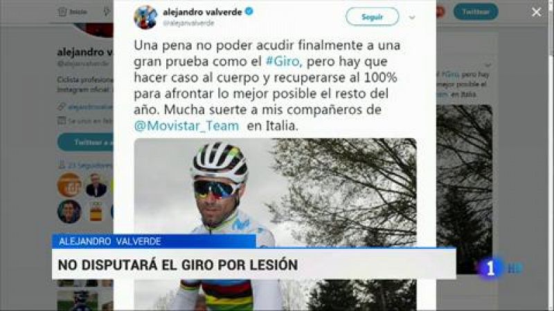 El ciclista español Alejandro Valverde no correrá finalmente el Giro de Italia, primera gran vuelta del año, como consecuencia del golpe sufrido hace unos días en la Lieja-Bastoña-Lieja, según ha anunciado su equipo Movistar.