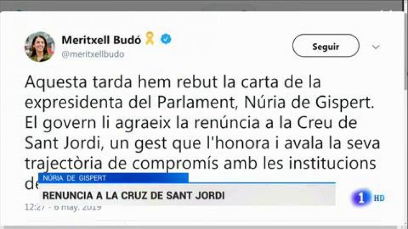 Núria de Gispert renuncia a la Cruz de Sant Jordi tras un polémico tuit