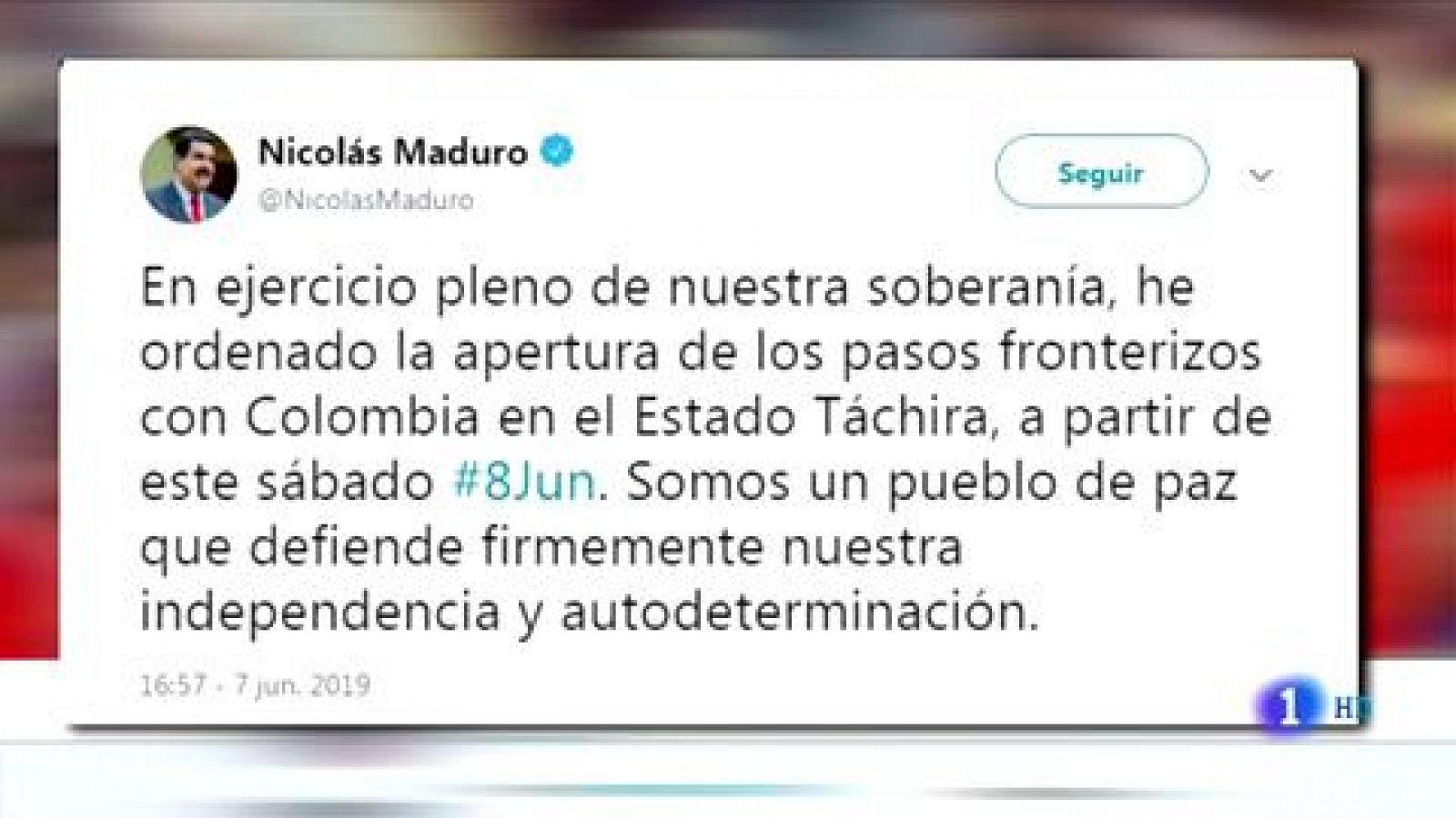Telediario 1: Maduro ordena reabrir los pasos fronterizos con Colombia | RTVE Play