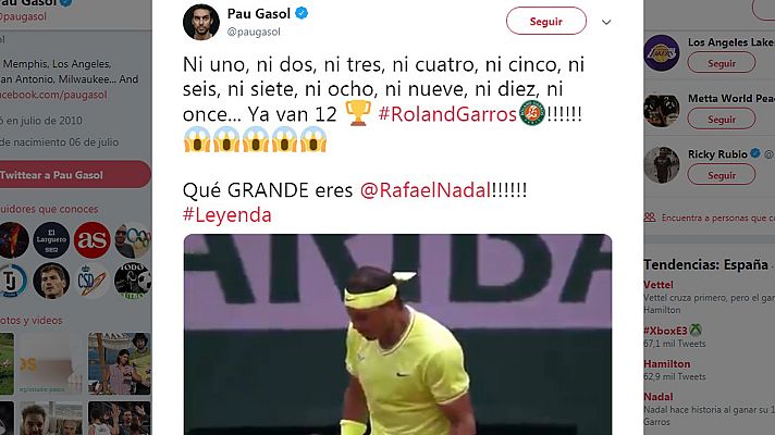 Telediario 1 - El deporte español, la Casa Real y los líderes políticos felicitan a Nadal