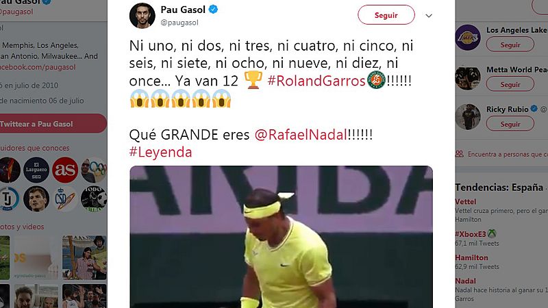 El deporte español, la Casa Real y los líderes políticos felicitan a Nadal
