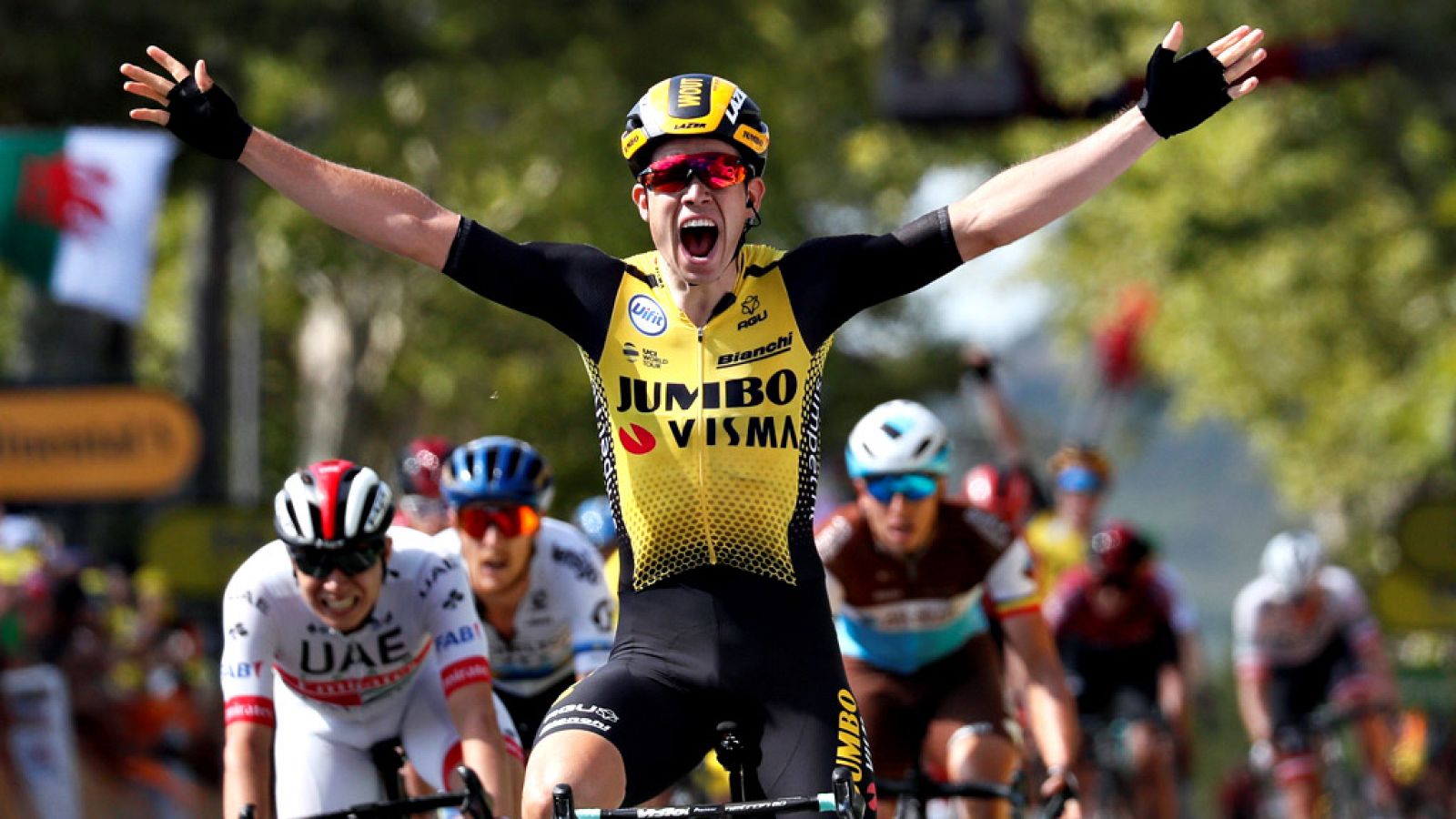 El belga Wout Van Aert logró este lunes la victoria en la décima etapa del Tour de Francia, carrera que disputa por primera vez, en un sprint de un pequeño grupo en una jornada marcada por los abanicos.