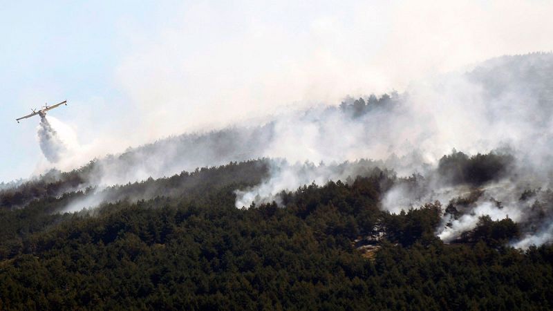 Los servicios de emergencia trabajan para frenar el avance del fuego originado en La Granja de Segovia en el Parque Nacional de Guadarrama, y que ha alcanzado una pequeña parte la Comunidad de Madrid por Rascafría donde se ha instalado una de las bas
