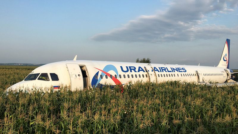 Un avión con más de 200 pasajeros aterriza de emergencia en una plantación de maíz