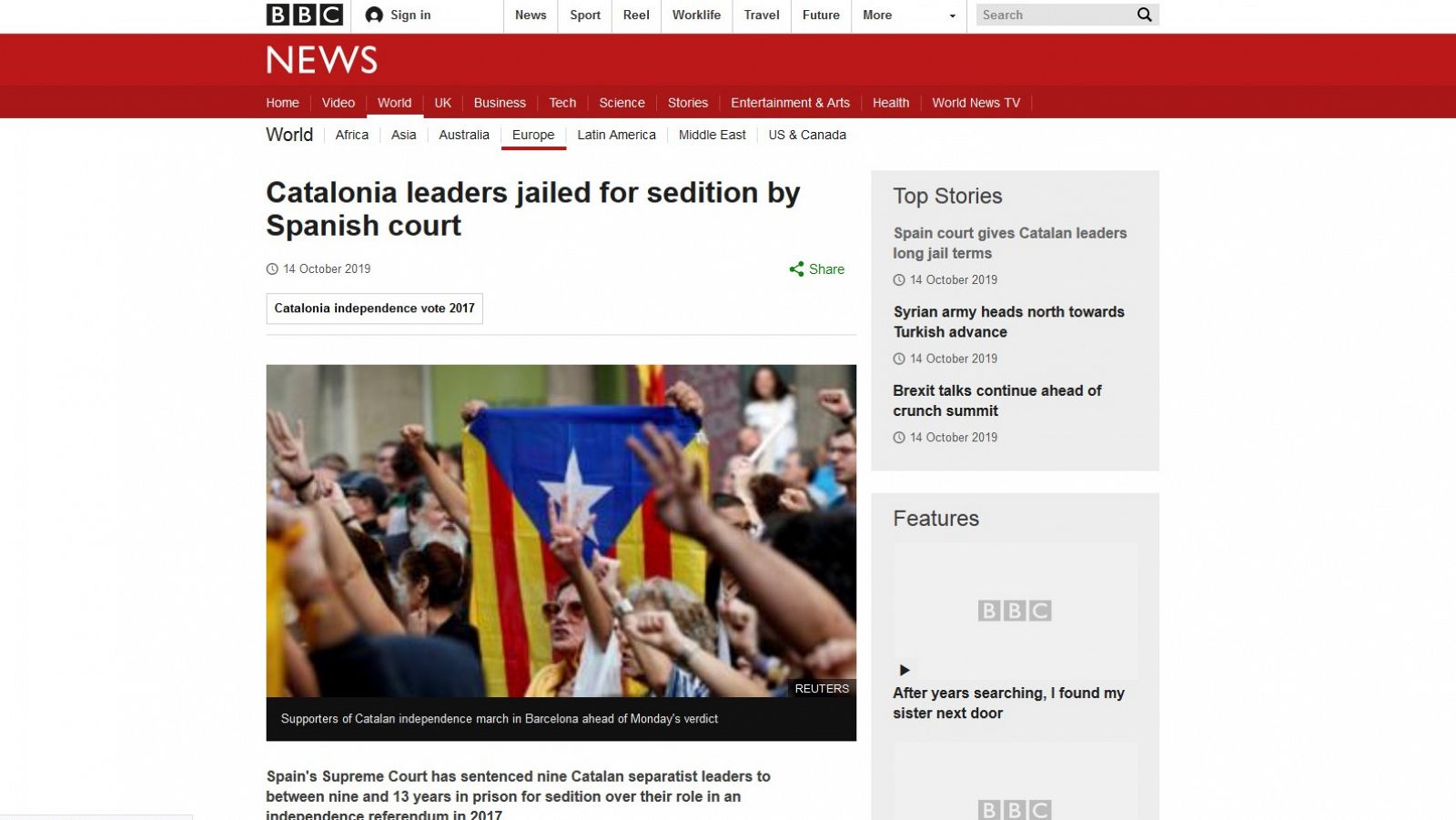 En la prensa internacional, la 'sentencia del procés' también ha ocupado las portadas digitales y titulares en las principales televisiones, especialmente en los medios europeos.