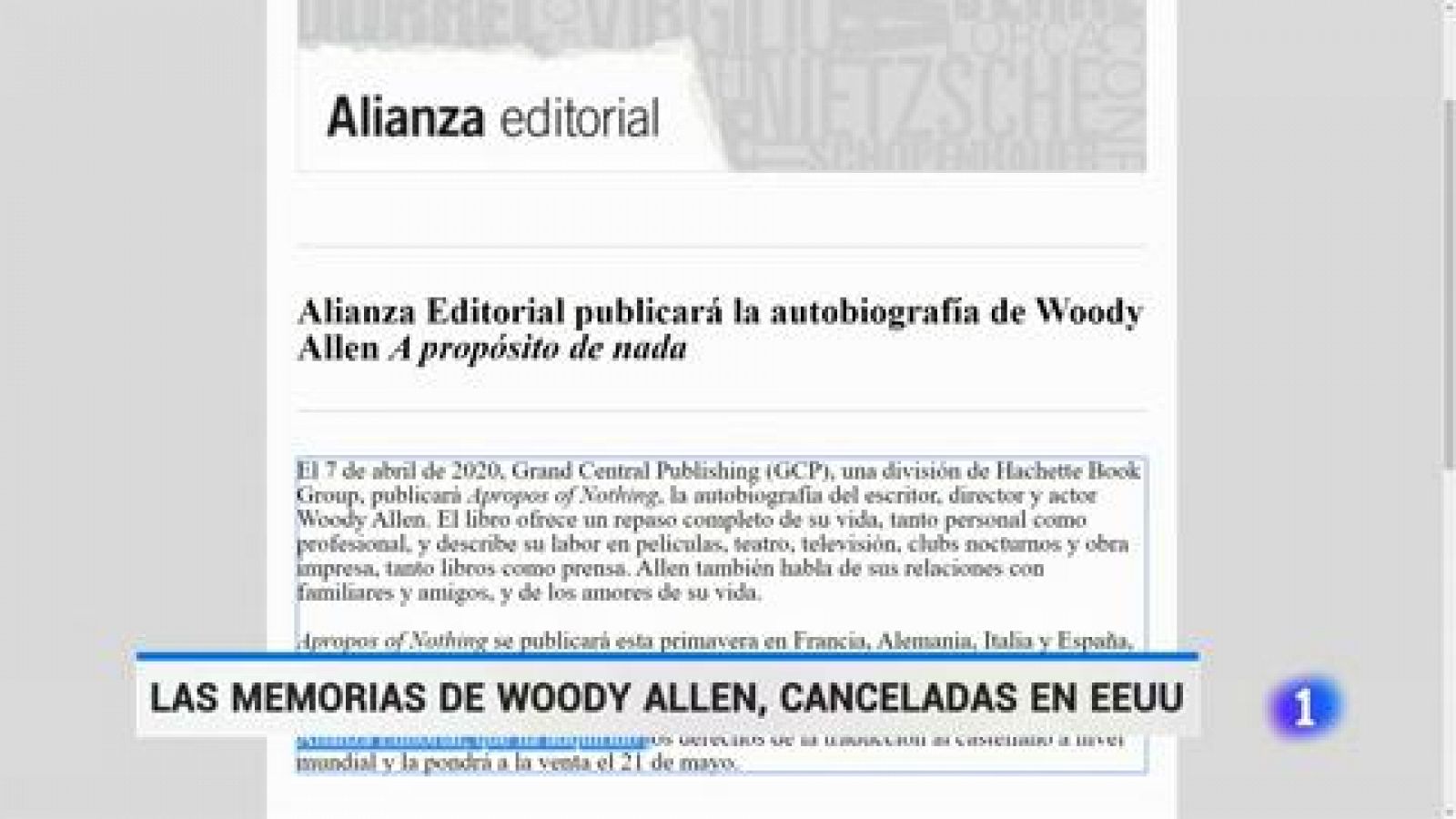 Telediario 1: La editorial Hachette cancela la publicación de las memorias de Woody Allen | RTVE Play