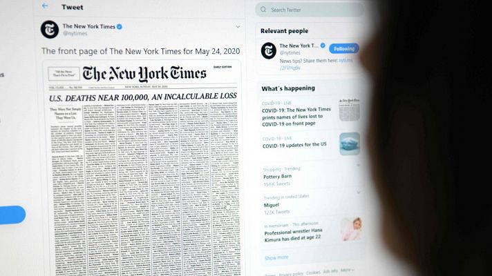 El New York Times recuerda en su portada a los casi 100.000 muertos con coronavirus en Estados Unidos