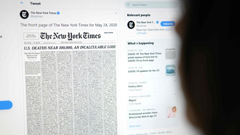 "Casi 100.00000 en Estados Unidos, una pérdida incalculable", la portada del New York Times que recuerda a las víctimas del coronavirus en el país