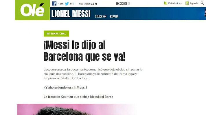 Telediario 1 - Conmoción en Argentina por la intención de Messi de dejar el Barça