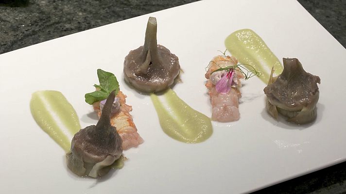 RTVE Cocina - Alcachofas confitadas con crema de tupinambo y cigalas