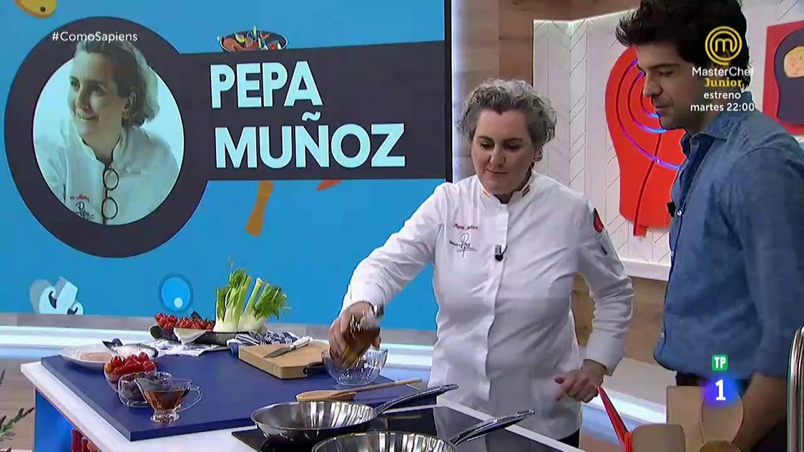 Pepa Muñoz cocina lubina con salsa de hinojo, tomates y olivas