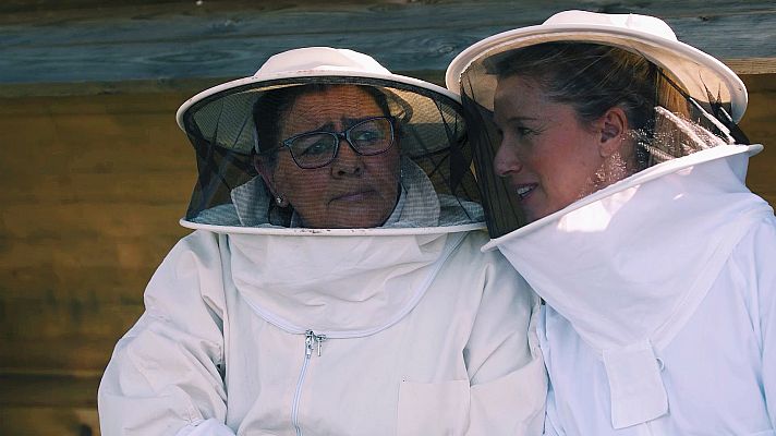 Anne y María se tumban en la cama de abejas