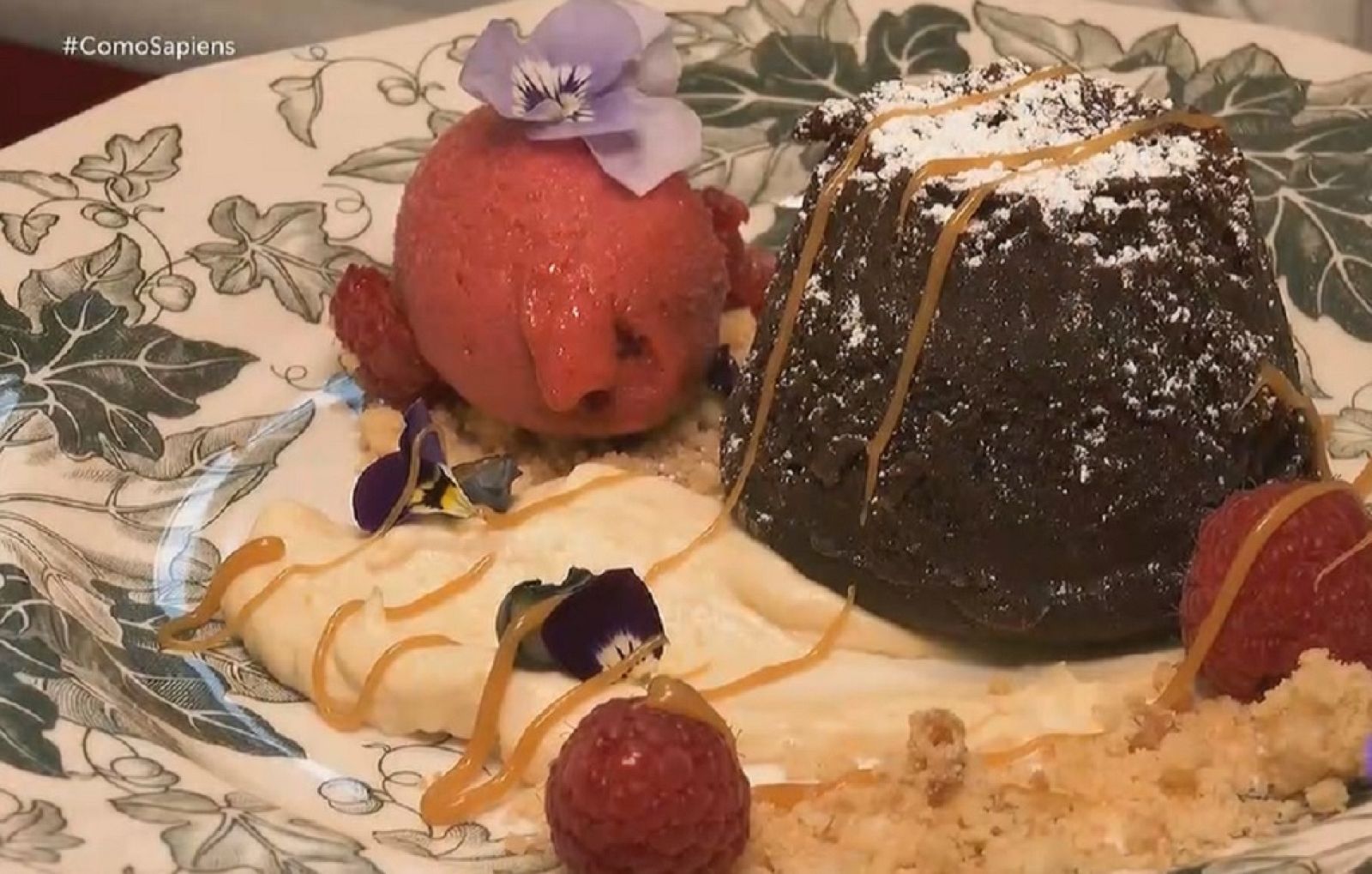 Fluido de chocolate con crema de maíz y helado de frambuesa - Como sapiens | Ver