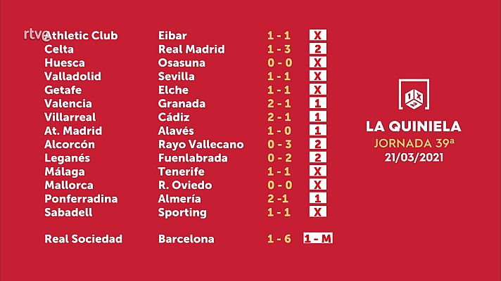 Loterías - Sorteo de la Quiniela del 22/03/2021 - Jornada 39